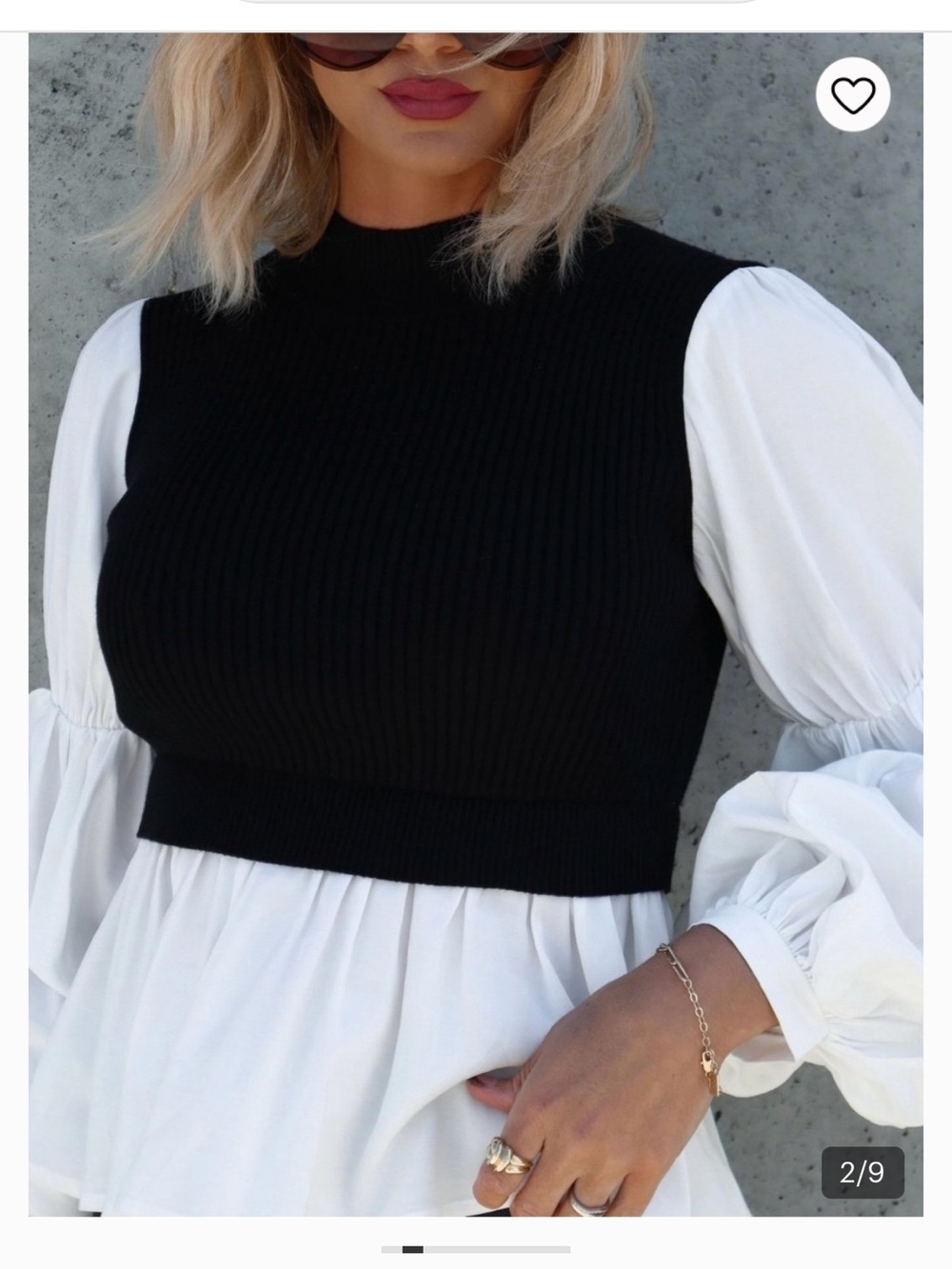 English Factory Ribbed Knit Cropped Vest with built in White Puff Sleeve Blouse